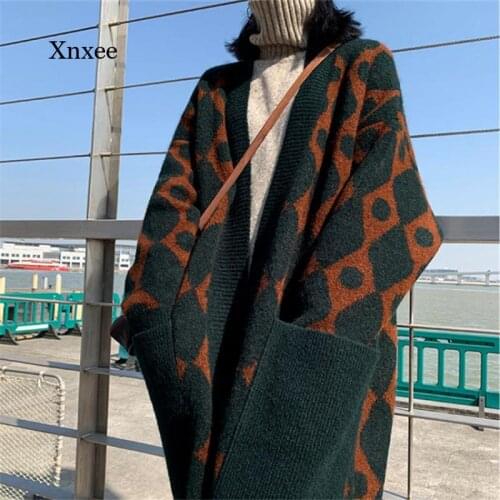 Printing Long Cardigans New Autumn Winter Womens Sweater Korean Big Pockets Fashionable Oversize Contrasting Clothing