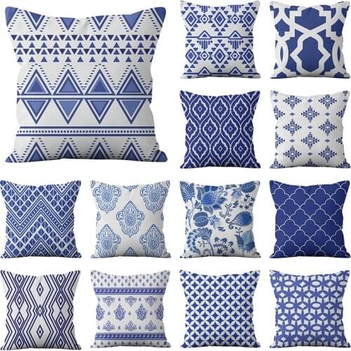 ZENGA Navy Blue Porcelain Cushion Cover 45x45cm Home/Office Sofa Waist Bohemian Style Mandala Geometry Pillow Case Throw Pillows
