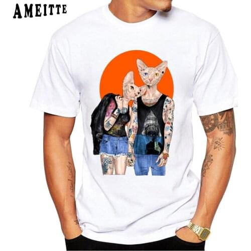 New Summer Fashion Men Short Sleeve Sphynx Cat Tattoo Lover Art Print T Shirt Funny Hip Hop Boy Vintage Tops Man Casual Art Tees
