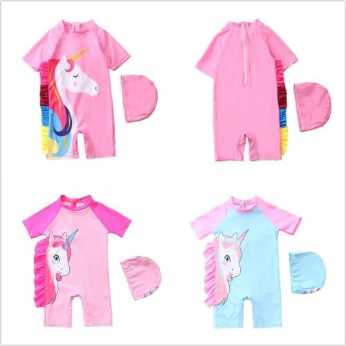 Hot sale Girls Swimming suit One Piece Girls Swimwear 1~7Y Children Unicorn Surfing Suits Kids Beachwear with Cap-SW427