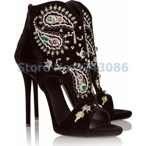 Open Toe Glittering Diamond Pearl Classic Women Banquet Shoes Black Velvet Embroider Crystal Thin High Heel Sandals