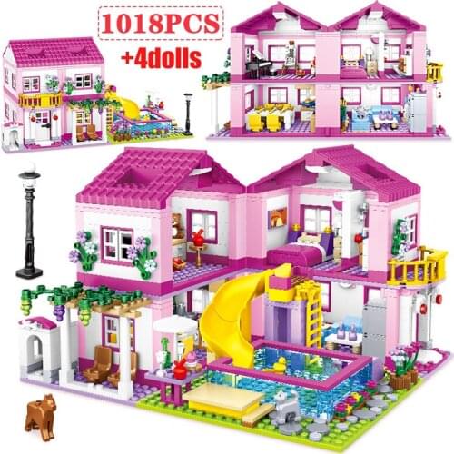 1 Change 3 Friends City Street View Summer Double-storey House Slide Building Blocks Garden Figures Bricks Toys For Girls Gifts