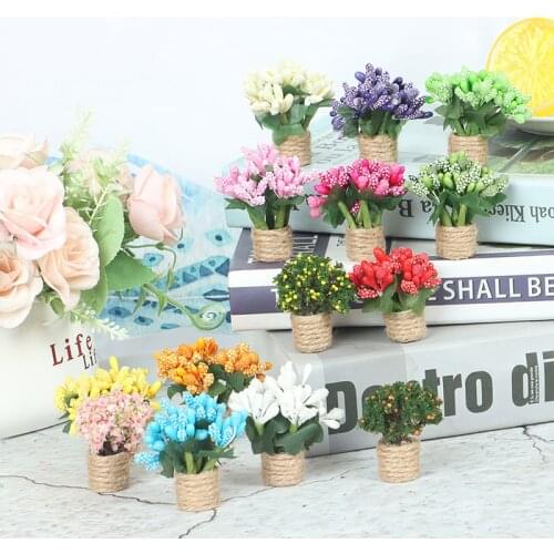 1:12 Doll House Miniature Flowers Fairy Garden Ornament Mini Potted Plant Flowers Pot DollHouse Decor Bonsai Model Kids Play Toy