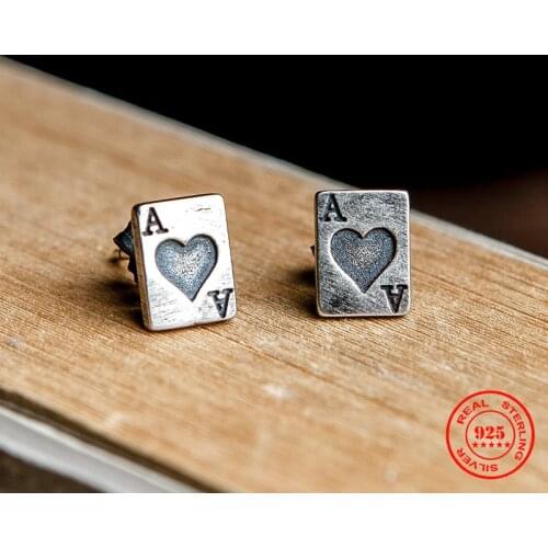 MKENDN Retro Real 925 Sterling Silver Gothic Punk Playing Cards Stud Earrings For Men Women Street Hip Hop Ear Jewelry
