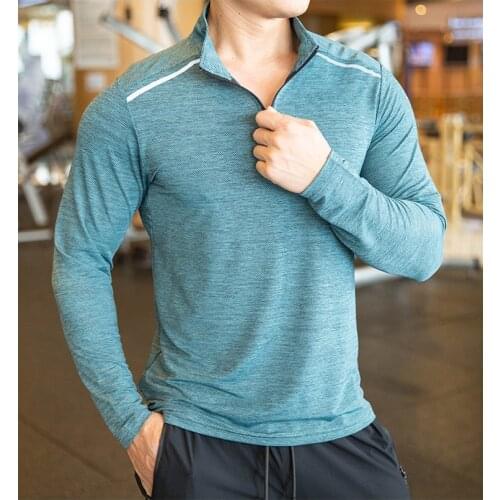 Long Sleeve Gym Fitness Zipper Stand Collar Autumn Winter Quick Dry Breathable Running Shirt Men Bodybuilding Sport T-Shirt