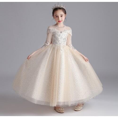 New Princess Beads Lace Dress Kids Sequines Flowers Dress Girls Children Wedding Birthday Party Formal Ball Gown Prom Dress