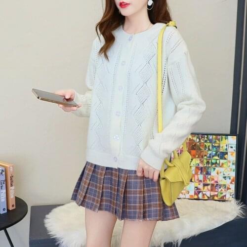 New hollow jacket womens short knit cardigan autumn and winter long-sleeved round neck loose casual solid color sweater