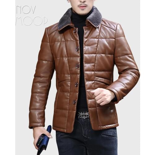 Novmoop mens PU down coat high quality pattern sewing neat cutting for winter wool collar LT3376