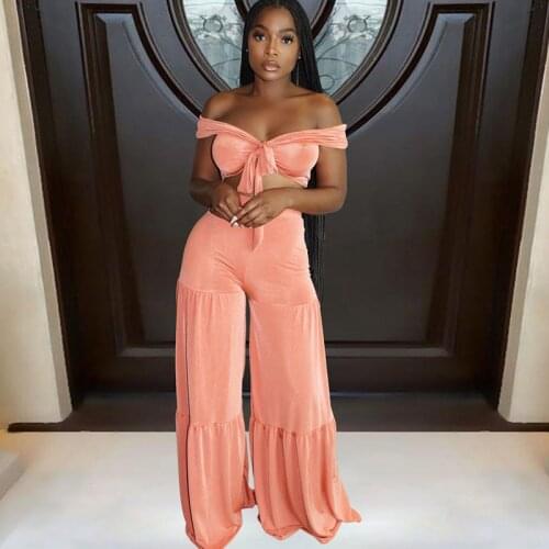 Sexy Off Shoulder 2 Piece Sets Womens Outfits Elegant Slash Neck Crop Top Wide Leg Pant Suits Night Party Club Birthday Outfits
