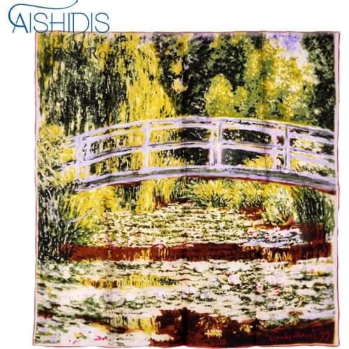 100% Silk Scarf Women Art Square Scarf Shawl Works "The Japanese Bridge over a Pool of Water Lilies"Hand Rolled Edges