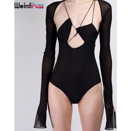 Weird Puss Women Sexy Mesh Patchwork Bodysuits Hollow Out Skinny Lace Long Sleeve Chic Spring Fashion Party Stretchy Clubwear
