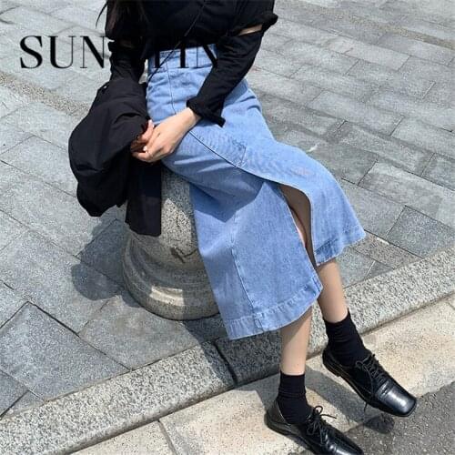 Sungtin New 2021 Womens Midi Skirts Spring Summer Vintage High Waist Pencil Denim Skirts Split Wild Lady Cowboy Skirts Harajuku