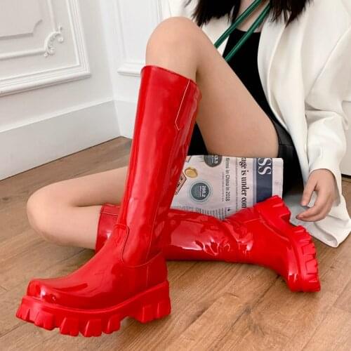 Black White Red Winter Women Boots Patent Leather Knee High Boots Fashion Platform Round Toe Thick Heel Boots Autumn Lady Shoes