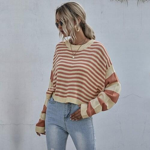 Womens Striped Loose Knit Sweater Short Wear Fall 2020 Long Sleeve Pullover Blourse Leisure Sweater