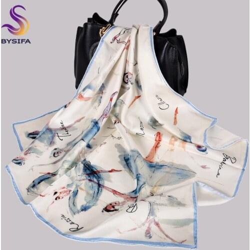 BYSIFA|White 100% Silk Scarf Ladies Elegant Ink Ballet Girl Design Square Scarves Printed Fashion Brand Spring Fall Twill Scarf
