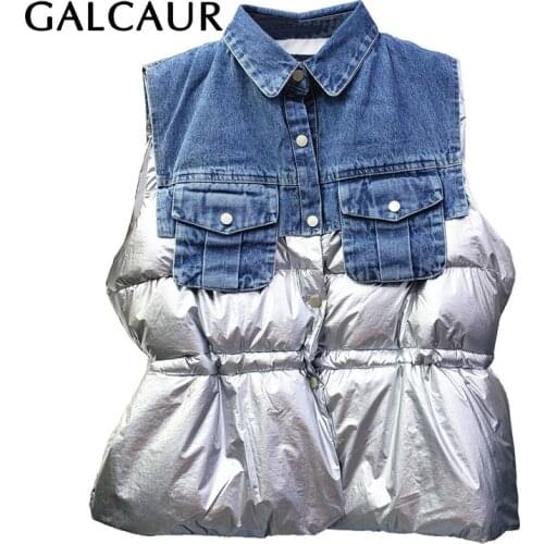 GALCAUR Cotton Coat For Women Lapel Sleeveless Patchwork Denim Ruched Oversized Loose Thick Silver Coats Female 2020 Winter Tide