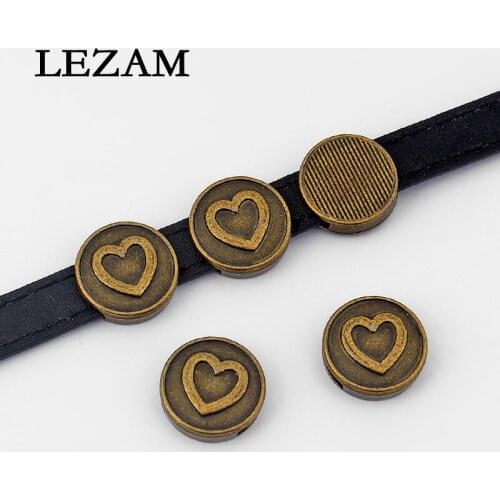 10pcs Antique Bronze Round Charms Heart Flat Slider Beads Spacer For 10mm Flat Leather Cord Bracelet Bangle Jewelry Findings