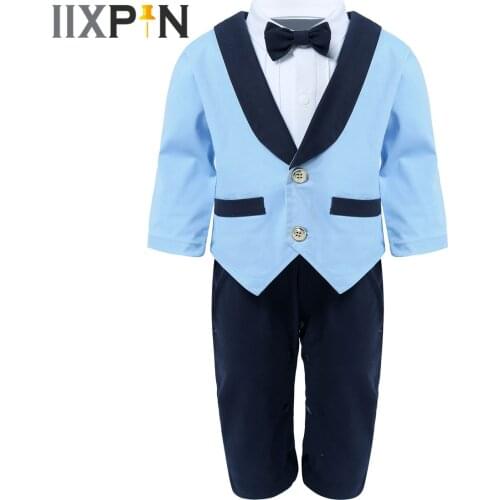 2Pcs Baby Boys Clothes Gentleman Set Bowtie Long Sleeve Rompers Jumpsuit + Tuxedo Coat Toddler Outfits Boy Birthday Party Suits