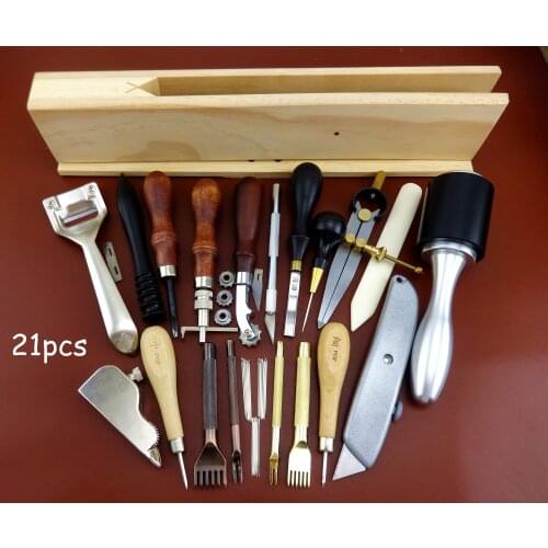 21pcs Leather Craft Edger Beveler Skiver Slicker Burnisher Groover Awl Chisel Tool Set- Knife Cutter Punch Chisel Needle Button