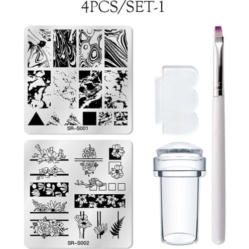 4 Pcs Nail Art Templates Stamping Plate Flower Marble Design Nail Stamping Plates With Jelly Silicone Scraper Kits