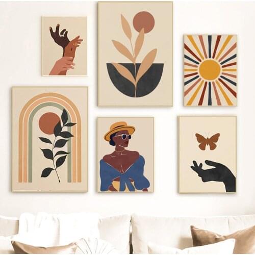 Abstract Girl Leaf Sun Vase Hand Geometry Wall Art Canvas Painting Nordic Posters And Prints Wall Pictures For Living Room Decor