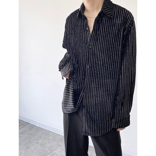 Velvet Rhinestone Stripe Shirts Men Vintage Fashion Long Sleeve Loose Casual Shirt Tops Cardig Man Harajuku Streetwear Shirt