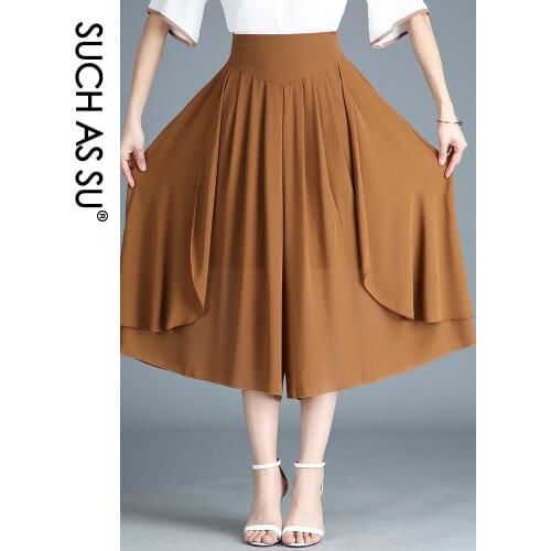 New Fashion Summer High Qualit Black Chiffon Wide Leg Pants Women High Waist Pleated Asymmetry Stretch Female Culottes Pants