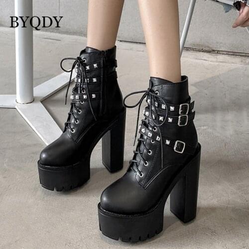 BYQDY Black Rivets High Heels Shoes For Woman Patent Leather Punk Motorcycle Boots Buckle Female Short Boots Round Toes