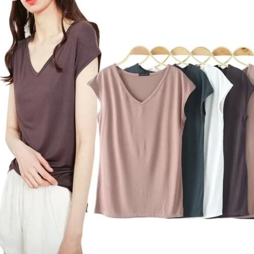 Modal Cotton T-shirts Women Thin V-Neck Short Sleeve Tees Vintage Pink Summer Woman Top Home Clothes Casual White Free Shipping