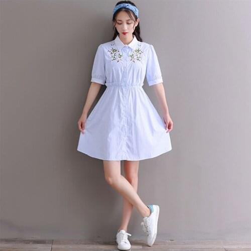 Mori girl cotton embroidered floral dress 2019 new summer fashion short sleeve sweet casual striped dress