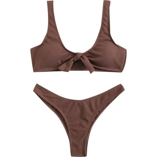 Summer Ladies Solid Color Bikini Bikini Sexy Female Split Swimsuit Brown Vest Conservative Sexy Low Waist Bikini Z1227