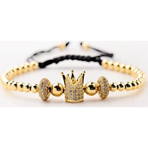 Trendy Men Women Bracelet Micro Pave CZ Crown Braided Gold Beaded Bracelets Bangles Tire Shape Copper Adjustable Gifts