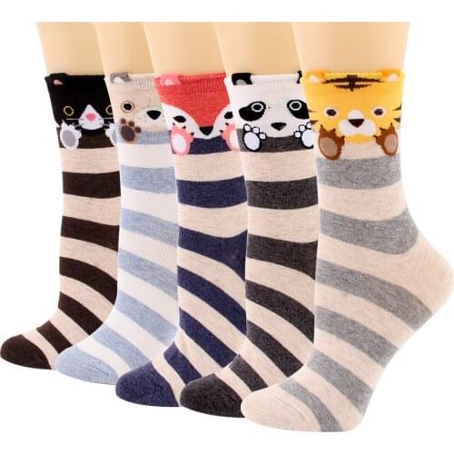 12 Pairs Novelty Women Crew Socks Funny Cartoon Cute Animal Tiger Jacquard Cotton Socks Middle Tube Autumn Dress Boot Socks Pack
