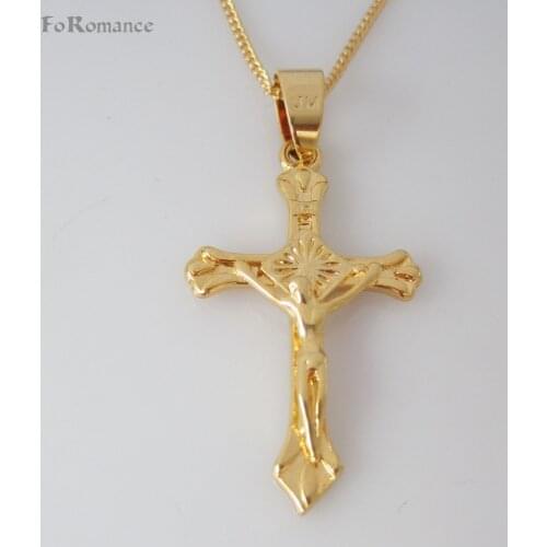 YELLOW GOLD GP 18" CIRCLE LINK NECKLACE & JESUS CROSS GOD JESUS CHRIST ON IT PLAIN SURFACE PENDANT 1.6"