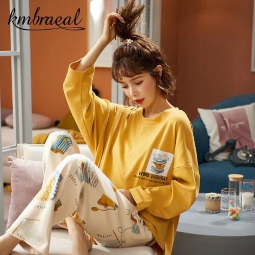 Pajamas for Women Korean Cartoon Girls Cute Autumn Winter Long Sleeve Leisure Sleepwear Loose Nightwear Homewear Suit Plus Size