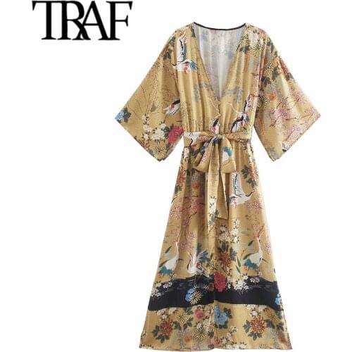 TRAF Women Fashion With Belt Crane Print Midi Kimono Dress Vintage Three Quarter Sleeve Split Hem Female Dresses Mujer