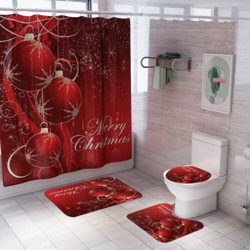 Merry Christmas Red Lantern Pattern Waterproof Shower Curtain Bathroom Suit Holiday Decoration Toilet Cover Mat Non Slip Rug Set