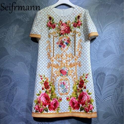 Seifrmann New 2021 Summer Women Fashion Designer Mini Dress Short Sleeve Gorgeous Crystal Beading Vintage Print A-Line Dresses