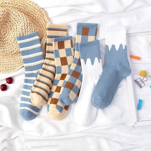 Spring Summer Plaid Stripes Women Socks Soft Cotton Socks Harajuku Retro Skateboard Ankle Socks Girls