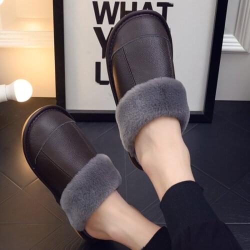 New Men Fluffy Slippers Winter Genuine Leather Slippers Warm Indoor Shoes Waterproof Home House Shoes Men Women Warm Slippers