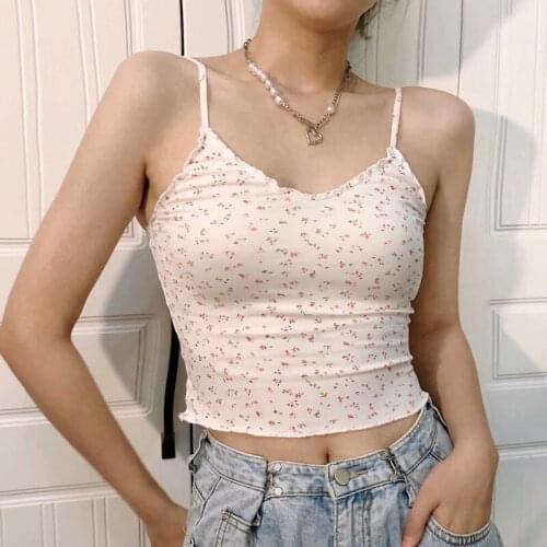 UNUTH Girls Soft Cotton V Neck Backless Sling 2021 Summer Fashion Ladies High Street Sweet Sling Female Printed Short Sling Top