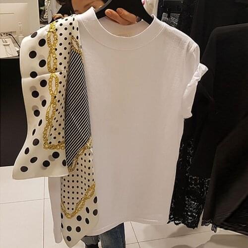 Womens elegant T shirt polka dot silk scarf stitching short-sleeved casual loose Chic Japan T-shirt Korean fashion Tees GD017
