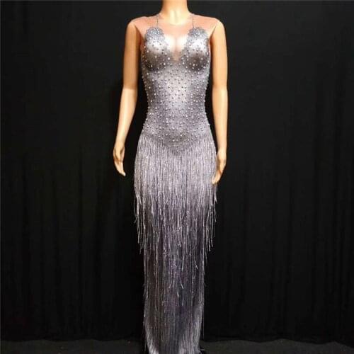 X60 Gray female Hip skirt party wears tassels evening dress pole dance dresses singer show pearl clothe disco show catwalk wear