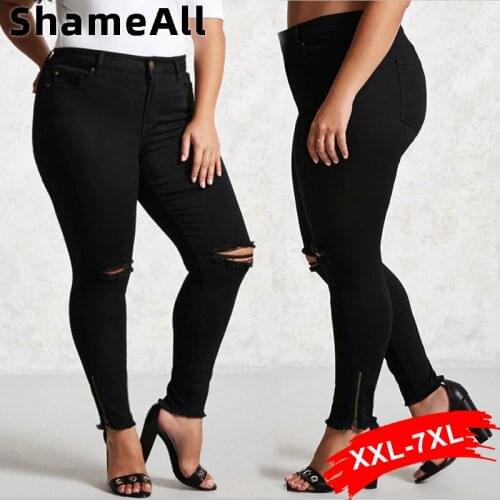 Plus Size High Waist Sexy Ripped Skinny Stretch Black Pencil Jeans 7XL Street Bodycon Club Holes Zip Hem Tide Casual Denim Pants