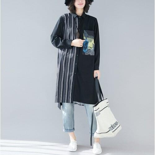 Shirts Women Patchwork Striped Printed Spring Autumn Female Cardigan 2021 New Arrival Loose Causal Long Tops