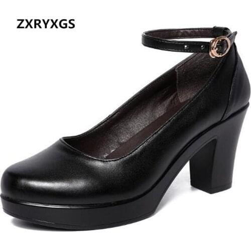2020 New Top Cowhide Thick-Heel Round-Toe Women Leather Shoes Catwalk Work Fashion Shoes Woman High Heel Shoes Shoes Size 33-43