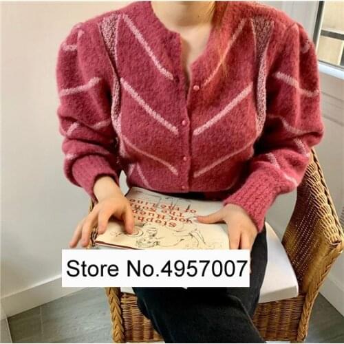 Ladies High Quality Mohair Blend Puff Sleeve Striped Knit Cardigan Sweater Jumper Top