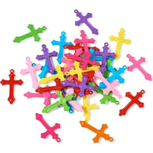 100pcs Cross Acrylic Pendants Mixed Color Charms For Jewelry Making Embellishments DIY 36x22x3mm hole: 2mm