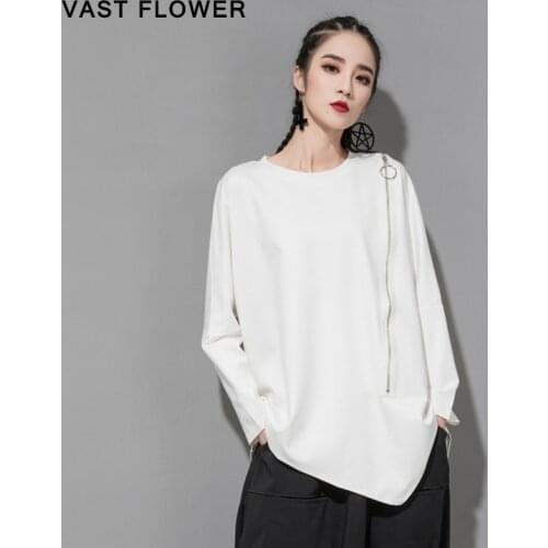Zipper Irregular Plus Size T-Shirt Women New Round Neck Long Sleeve Fashion Loose Casual T Shirt Tops Clothes Spring Autumn 2021