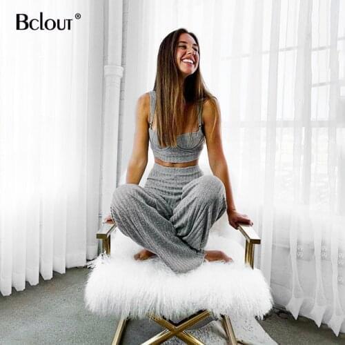 Bclout Casual Two Piece Sets Knitted Suit Sport Outfit Summer Top And Wide Leg Pants Set Solid Gray White 2 Piece Set Women 2020